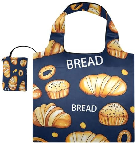 OWFKAY Grand sac fourre-tout pliable - Motif pain sur fond foncé - Sac d'épicerie extra large - Imperméable et léger - 46 x 41 cm, Motif pain sur fond foncé, Taille unique