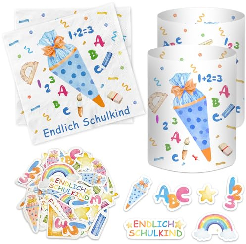 20 Stück Servietten Einschulung + 12 Windlicht + 50 Konfetti Streudeko Tischdeko, Schulkind 2026 Deko Junge, Schulanfang Deko, Einschulungsdeko, Einschulung Junge Geschenk, Schultüte Füllung