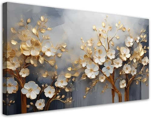 Feeby Leinwand Bilder - Bild Wohnzimmer - Magnolienbaum-Abstraktion Gold - 120x60 1tlg - Deko Schlafzimmer Groß - Dekoration Canvas - Gemälde - Modern Wandbilder - Kunstdruck