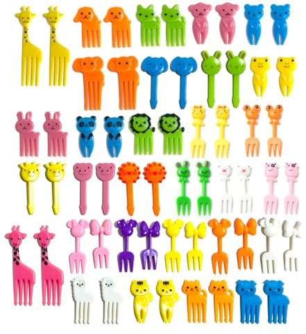 60 Stück Obstgabeln, Mini Cartoon Bento Obstgabeln Fingerfood Picks Dessertgabeln 3D Wiederverwendbar Obst Zahnstocher Gabel Gebäck Gabeln für Lunch-Box Nachmittagstee Geburtstagsfeier(Farbe zufällig)