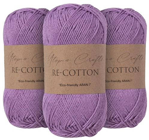Utopia Crafts Re-Cotton Knitting Yarn, 3x 100g (Viola Purple)