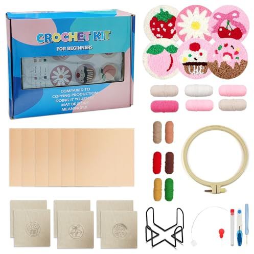 Punch needle set i 6 delar för underlägg – gör-det-själv broderiset för nybörjare, barn och vuxna med garn, broderiram, instruktioner och hållare – kreativt hantverk för hem och som present