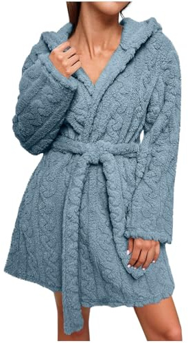 Flodxo Ladies Dressing Gowns Fluffy Fleece Short Winter Bathrobes with Hooded Lightweight Warm and Cosy Plush Housecoat Loungewear Sleepwear Comfy Soft Nightgown Terry Towelling Robe Light blue S