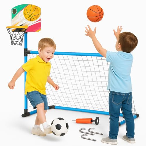 Toyana Kids 2in1 Basketball Hoop Stand (85cm) & Football Goal (72x50cm), Indoor Outdoor Garden Sports Training Activity Set, Soccer & Basket Ball Accessories Gift Playset For Ages 3+