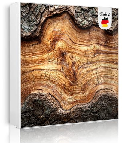 banjado Großer Schlüsselkasten Metall - Schlüsselbox 30x30cm beschreibbarer mit 32 Haken - Schlüsselkasten modern für Schlüsselaufbewahrung - Korpus Weiß Scharnier Rechts - Motiv Holz Gemasert mit Rin