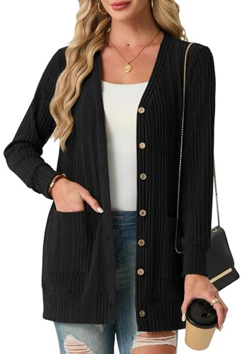 GRECERELLE Womens Long Cardigans Open Front Ladies Lightweight Ribbed Cardigan Casual V Neck Jackets with Pockets for Women UK,Spring, Summer, Autumn
