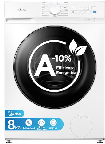 Midea Lavatrice Carica Frontale,8 kg,Classe A-10%, 1400 Giri,Silent Inverter Motor,Rimozione Peli di Animali,Vapore Igienizzante,Programma Sport,Bianco - MFV3EW80BA10