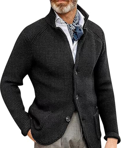 Generisk herrtröja vinter M-4Xl, cardigan herr varm, v-ringad övergångsjacka med krage rock knapp fritidsjacka höstjacka med ficka enfärgad herrjacka bekväm utomhusjacka, svart, XXL