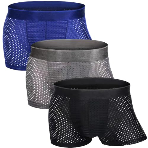 Zueauns Boxer da Uomo Seta di Ghiaccio Foro Netto Traspirante Cool Trasparente Sexy Elasticizzato Morbido Intimo Mutande Multipack