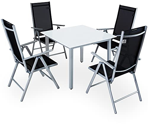 CASARIA® Comedor de Jardín Bern 4+1 Aluminio 1 Mesa 90x90 y 4 Sillas Plegables 8 Posiciones Plata 5Pzs