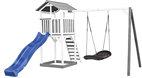 AXI Beach Tower Spielturm aus Holz in Weiß & Grau | Spielhaus für Kinder mit Blauer Rutsche, Nestschaukel und Sandkasten | Stelzenhaus für den Garten