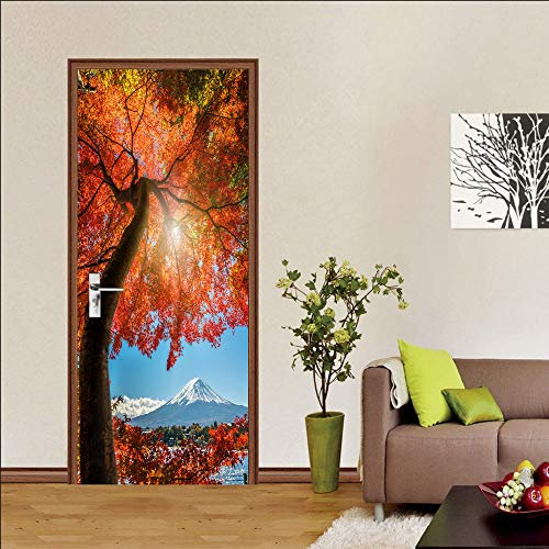 XWYDCF Adesivo Porta 3D Door Murale Carta Da Parati Murale 90*210Cm Paesaggio Di Montagna Di Neve Grande Albero Rosso Print Decal Wall Deco Adesivo Murale Fai-Da-Te Decorazione Per Poster Di Decorazio
