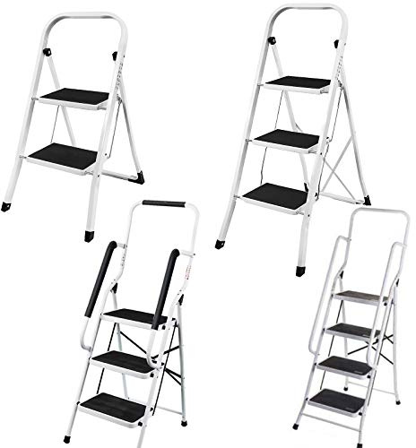 Portable Foldable 4 Step Steel Ladder – Anti Slip Feet – Heavy Duty Step Stool – 150KG Max Capacity – Safety Folding Design – 4 Step Ladder Ideal for Home/Kitchen/Garage