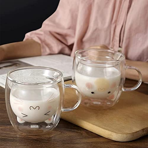 2 doppelschichtige Glasbecher, innovative, hitzebeständige Kaffeegläser für Kaffeetassen, Teetassen, Milchbecher, bestes Geschenk (Kätzchen + Bär 2)