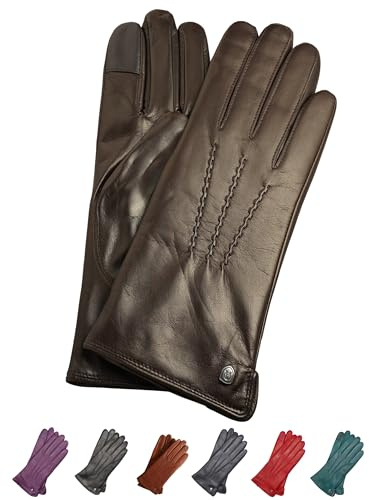 AKAROA ESTD 2019 Lederhandschuhe Damen ANN, Touchscreen Funktion, italienisches Leder, recyceltes Strickfutter aus 50% Kaschmir und 50% Wolle, 4 Größen S - XL