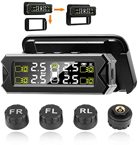 Jansite 【Verbesserte Version】 TPMS-Reifendruckkontrollsystem 14-87 Psi Kabellos Einstellbarer Winkel mit 4 externen Sensoren Solar-/USB-Lade Reifendruckkontrollsystem Auto