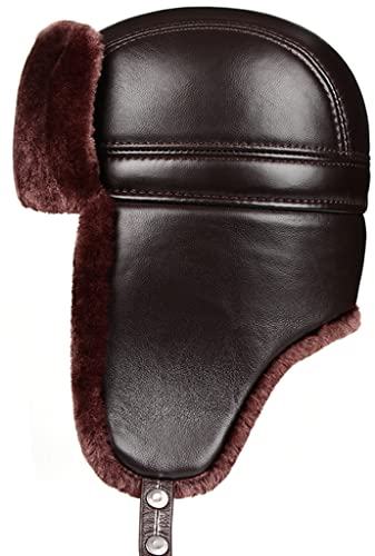 ZHOUXIAO Winter Lederhut Aviator Hut Ohrlappen, Unisex Winddichte wasserdichte Mütze Echte Lederhüte Bomber Trapper Hut, Warme Jagd Hut Russian Kunstpelz Trooper Hut, Geschen brown1-56-57CM