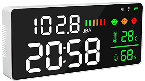 Dezibel Messgerät Wand, 30‑130dB Messgerät 11 Zoll LED Schallpegelmesser mit Temperatur und Feuchtigkeitsuhr Wecker, 2,4G WIFI Tuya App Dezibelmesser