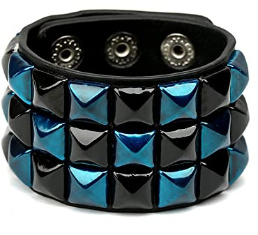 BaBakiak Punk Wide Leather Stud Bracelet - 3 Row Pyramid Wristband Cuff - Biker Bracelet with Studs (Blue)