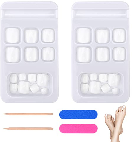 JSRQT 48 Pcs Fake Toe Nail Art Tips Full Cover Short Fake Toe Nails for Women Girls French Artificial Manicure False Toenails Natural Toenails Nail Art Design White False Nails