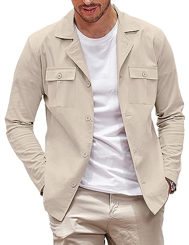 COOFANDY Lässige Herren-Hemdjacke, langärmelig, Button-Down-Overshirt, leichte Jacke mit Taschen, Hellkhaki, L