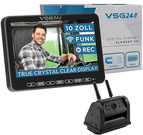 VSG24 Element HD XL Funk Rückfahrkamera Set – 10 Zoll HD Monitor – wetterfeste IP68 Akku-Magnetkamera – 140° Weitwinkel – 21 m Funkreichweite – für Wohnmobil, Pferdeanhänger & Transporter
