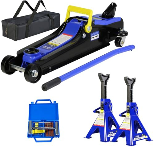 SSLine Automotive Hydraulic Trolley Service Car Jack Set Include 1 Pair 3-Ton Jack Stand,Heavy Duty Steel 2-Ton Racing Floor Jack with Carry Bag and Tire Repair Kit for Garage Auto Repair Shop