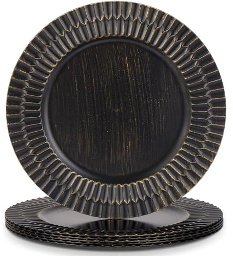 Kazozobi Lot de 6 assiettes de chargement noires de 33 cm avec bordure polygonale pour assiettes plates, chargeurs de table ronds en plastique pour fête en vrac