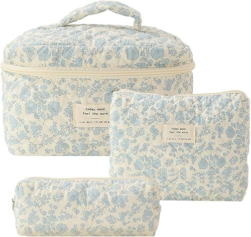 RuiDay Ensemble de Trousse de Toilette de Voyage 3 pcs pour Femmes, Trousse à Cosmétiques Matelassée à Fermeture éclair, Sac de Rangement Cosmétiques Pratique (Orchidée sur Fond Blanc)