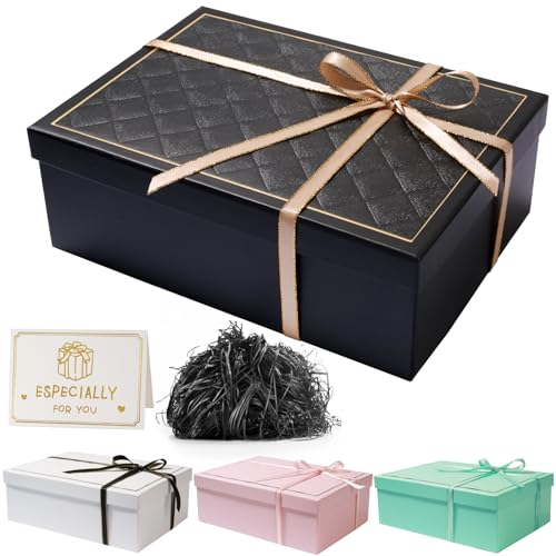 Geschenkbox mit Deckel 25 x 18 x 9 cm, Geschenkbox mit Schleifen, Grußkarten, Raffia Hamper Shreds für Hochzeit Geburtstag Weihnachten(Schwarz)