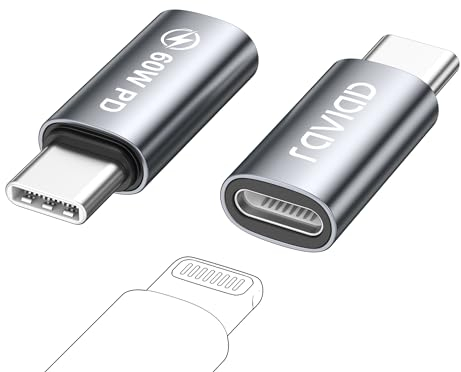RAVIAD Adattatore Lightning USB C [2 pezzi], Adattatore da Lightning Femmina a USB C Maschio Supporto per Ricarica Rapida PD 60W per iPhone 15 Pro, Galaxy S24/S23, MacBook Pro/Air, Pad, Pixel - Grigio