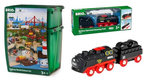 BRIO 33766 - Großes Premium Set, Kunststoffboxen, Bauernhof Tiere & World 33884 Batterie-Dampflok mit Wassertank