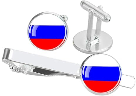 KETAFOUND Manschettenknöpfe Und Krawattenklammer-Set Mit Russischer Nationalflagge Für Herren, Klassische Manschettenknöpfe Mit Glaskuppel, Krawattennadel, Vatertags-Accessoire Für Bus
