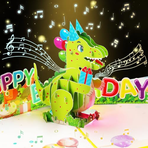 CNLITIHEKA Musikalische Dinosaurier Geburtstagskarte, Licht & Musik Geburtstagskarten, Musik Pop Up Geburtstagskarte, Happy Anniversary Karte, für alle Anlässe mit Umschlag.