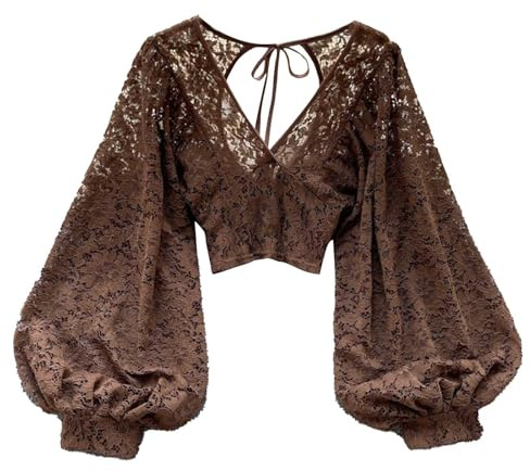 Modische rückenfreie Bluse aus transparenter Spitze für Damen. Schmal geschnittene, Kurze Oberteile mit Bindedetail. Perfekt für den Herbst. Vielseitiges und stylisches Blusen (Coffee, One Size)