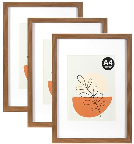 KAIWIN Bilderrahmen A4 Braun 3er Set, 21x29.7cm mit Passepartout 15x20cm, Bilderrahmen Din A4 Holz mit Acrylglas zum Aufhängen und Aufstellen | für Fotos, Poster, Puzzles