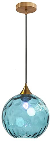 MZStech 20 cm Blau Pendelleuchte aus Glas mit Kugelform, Sockel aus Bronze und Gold mit hängender Glaskugel, Deckenlampe für Kücheninsel, Esszimmer und Nachttisch (Blau)