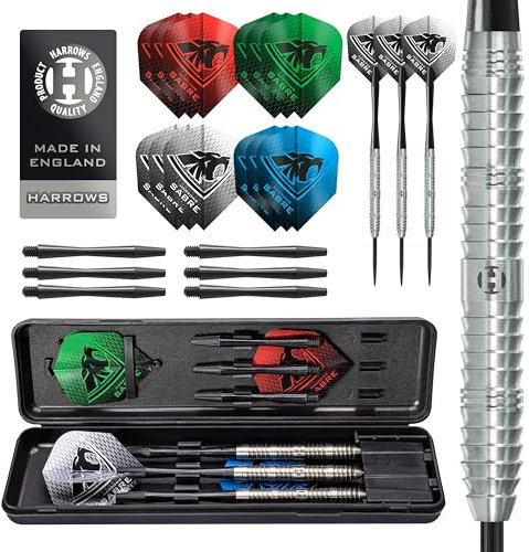 Harrows Sabre Dartpfeil-Set mit 90% Wolframstahlspitze, 21 g bis 26 g, alle Gewichte erhältlich, riesiges 16-teiliges Bündel mit Ersatzschäften, Prime Flights und Reiseetui (23 Grams)