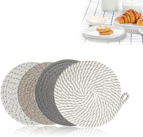 SHENGYIG Protege Poele 4 Pièces Dessous de Plats, Sets de Table Ronds, Tapis de Protection Thermique, Fil de Coton Sous Plat Casserole Chaude, Maniques Tissées pour Maison, Restaurant
