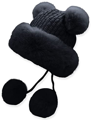 Hutshut Thick Cute Snow hat Women 's Ohr warm mit Strickwolle Schutz Winter Baseballmützen Fellmützen (Black, One Size)