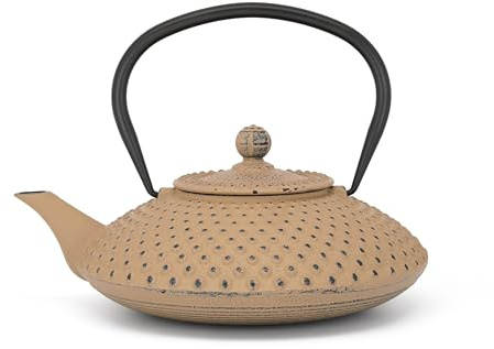 Bredemeijer flache gusseiserne Asia Teekanne 1.25 Liter sandfarben - große emaillierte Gusskanne Induktion mit Edelstahlfilter-Siebeinsatz