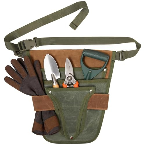 Packool Handy Gardening Tool Belt, Waxed Canvas Gardener Belt with Adjustable Waist, Waterproof Garden Tool Bag Organizer, Portable Waist Tool Pouch for Women & Men Gardeners
