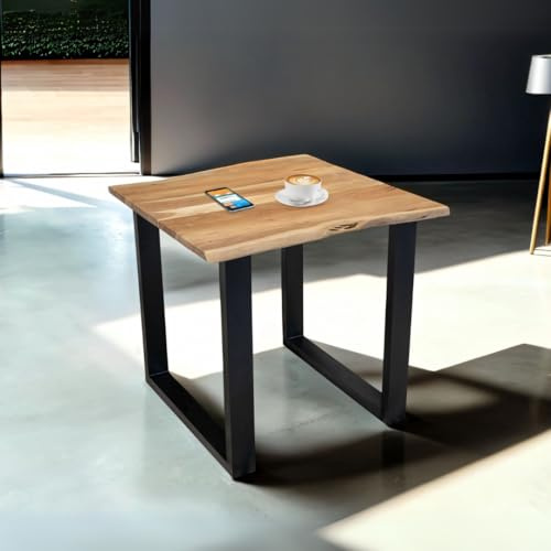 Bett11 Esstisch 80x80 cm naturfarben, Akazienholz massiv 26mm, U-Gestell schwarz, Baumkantentisch aus Holz, Casa Massiva