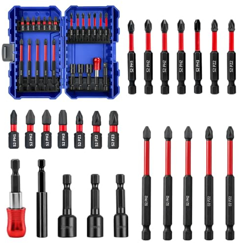 Schlagschrauber-Bitsatz, 24-teiliger 1/4-Zoll-Schlagschrauber-Bitsatz, magnetische S2-Stahl-Kreuzschlitz-/Schlitz-/Torx-Schraubendreher-Bits mit einziehbarem Bithalter und magnetischem Steckschlüssel