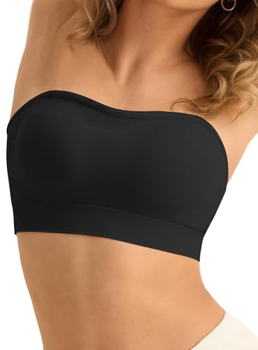 SHARICCA Axelbandslös behå för kvinnor utan bygel, sömlös bandeau bh utan remmar, push-up, sömlös tubtopp, bh, vadderad bralette med halkfri silikonstrapless BH, svart, L