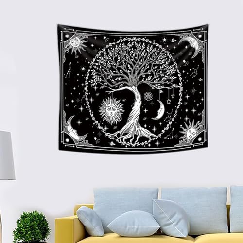 GIEEU Arazzo da parete con albero della vita, luna bianca e nera, sole stellato, decorazione psichedelica misteriosa per camera da letto, arazzo astrologico