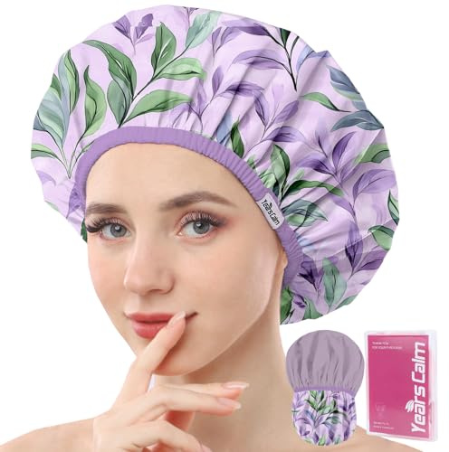 Years calm - Lot de bonnets de douche pour femmes réutilisables et imperméables - Bonnet de douche élastique à double couche avec impression botanique tropicale pour la douche, le spa, les voyages, le