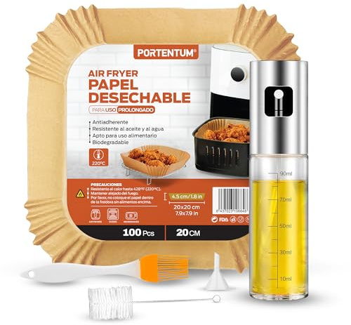 PORTENTUM Papel freidora aire 100 unidades de 20-24 cm + Pulverizador aceite spray 2 en 1 aceitera spray pulverizador