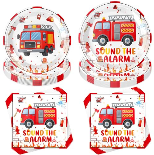 Jiahuade Feuerwehrauto Partygeschirr,40 Stück Feuerwehr Partygeschirr Set,Feuerwehrmann Partyteller,Feuerwehr Geburtstag Geschirr,Mit Teller Becher Servietten,für Gebutstag Party Mädchen Junge