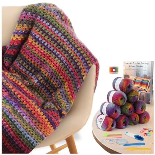 Aeelike Decken Häkelset für Anfänger, Vintage-Regenbogen-Decke, Komplettes Starter-Häkel-Set mit ausreichend warmem Ombre-Wollgarn, Video-Anleitung, Einfache Häkeln Set für Häkel-Fans